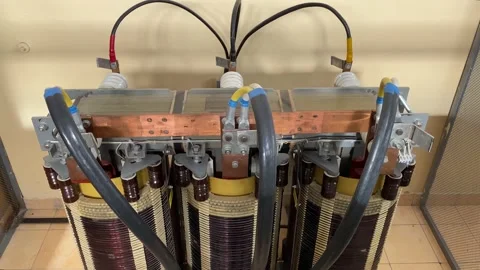 Step-down transformer at a distribution substation. The inscriptions in Russian  Stock Footage 151101616