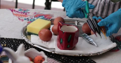 Step of egg painting process with Easter eggs and creative techniques for Stock Footage 306067215