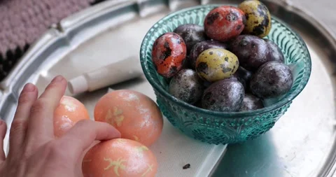 Step of egg painting process using pearl paint for hidden Easter eggs Stock Footage 306066246