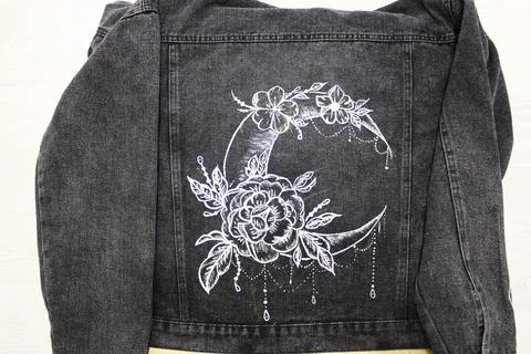 Step The final. photo instruction. DIY concept. How to paint a denim jacket with Stock Photos