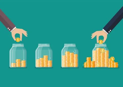 Step of Hand saving coins in glass jar Stock Illustration