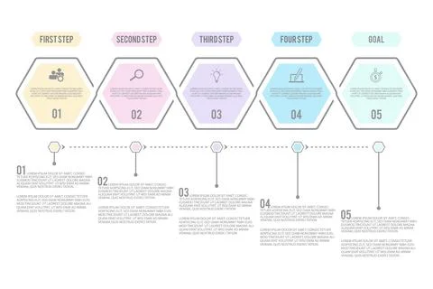 Step infographic with 5 options workflow diagram in flat style on the white.. Stock Illustration