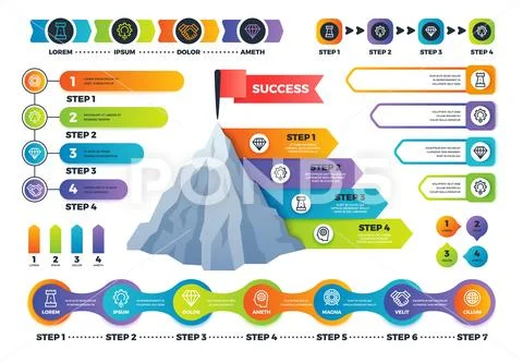Step infographics. Pyramid graph with process options, infocharts and ...