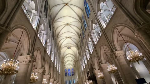 Step inside the newly renovated and splendid Notre-Dame Cathedral in Paris. Stock Footage 303976324