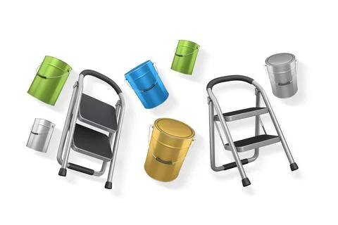 Step ladder with black steps, paint cans, and paint brushes isolated on white Stock Illustration