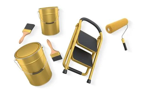 Step ladder with black steps, paint cans, roller and paint brushes on white Stock Illustration