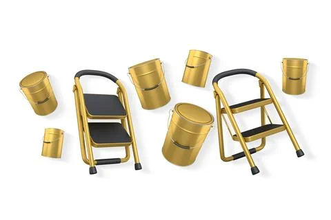 Step ladder with black steps, paint cans, and paint brushes isolated on white Stock Illustration