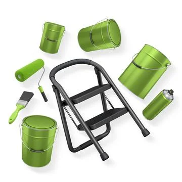 Step ladder with black steps, paint cans, roller and paint brushes on white Stock Illustration