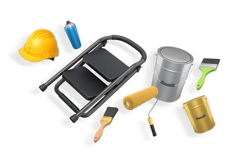 Step ladder with black steps, paint cans, roller and paint brushes on white Stock Illustration