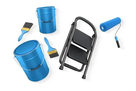 Step ladder with black steps, paint cans, roller and paint brushes on white Stock Illustration