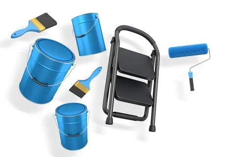 Step ladder with black steps, paint cans, roller and paint brushes on white.. Stock Illustration