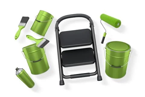 Step ladder with black steps, paint cans, roller and paint brushes on white.. Stock Illustration