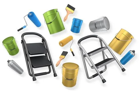 Step ladder with black steps, paint cans, roller and paint brushes on white.. Stock Illustration