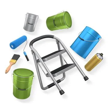 Step ladder with black steps, paint cans, roller and paint brushes on white.. Stock Illustration