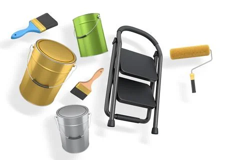 Step ladder with black steps, paint cans, roller and paint brushes isolated o Stock Photos