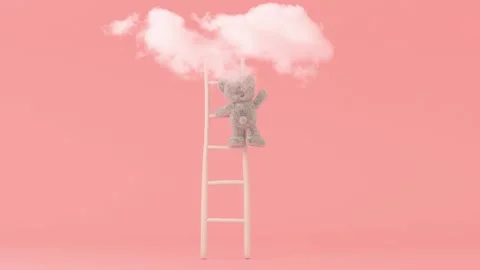 Step Ladder Leading To Clouds. Toy Bear Is Trying To Reach The Clouds. Minimal Видео 164386984