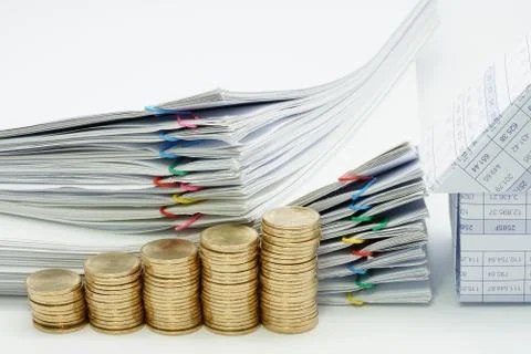 Step pile of gold coins and house with pile document Stockfoto's