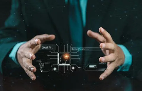 Step into the realm of advanced technology as two hands protection of AI. A.. 库存照片