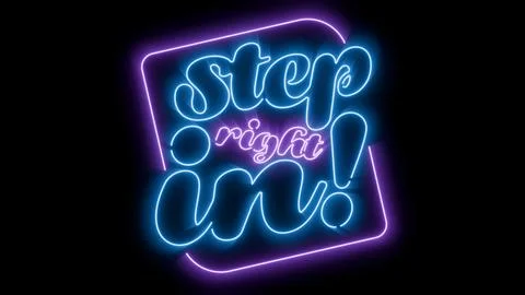 Step right in vibrant glowing neon sign black background for easy blending Stock Illustration