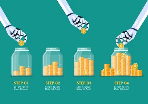 Step of Robot hands saving coins in glass jars Stock Illustration