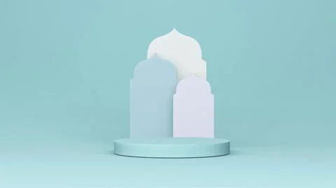 Step Stage Podium Stage backdrop with Arabic arch . 3d rendering Ilustración de archivo