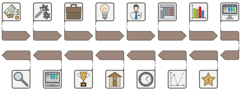 Step-by-Step Business Process with Various Icons Representing Stages and Task Stock Illustration