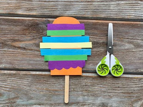 Step by step, children's creative how to make ice cream from paper. Stock Photos