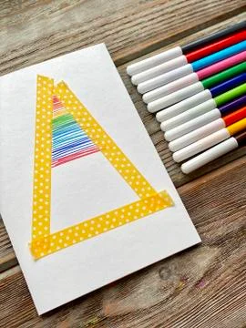 Step by step, Christmas card in progress, draw a rainbow Christmas tree, Stock Photos