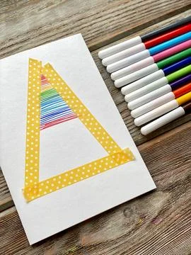 Step by step, Christmas card in progress, draw a rainbow Christmas tree, Stock Photos