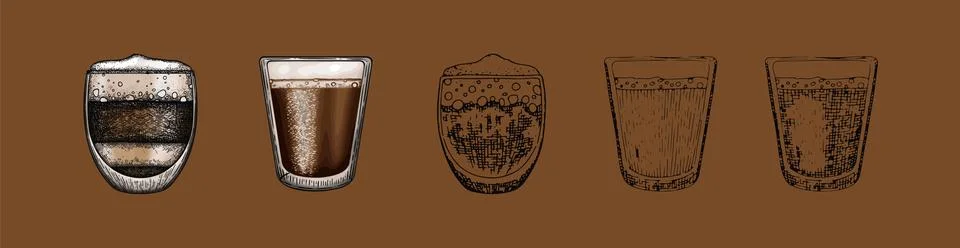 Step by step coffe cup drawing in doodle and etching style Illustrazione stock