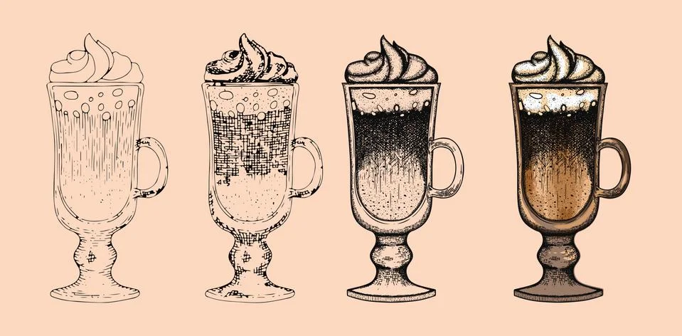 Step by step coffe cup drawing in doodle and etching style Illustrazione stock