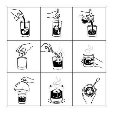 Step by step coffee preparation illustration, pouring, stirring, adding ice.. Stock Illustration