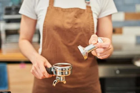 Step by step coffee preparing process in close up. Stock Photos