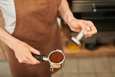 Step by step coffee preparing process in close up. Stock Photos