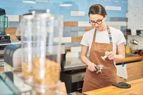 Step by step coffee preparing process in close up. Stock Photos