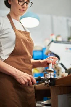 Step by step coffee preparing process in close up. Stock Photos