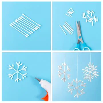 Step-by-step collage of handmade snowflake ornaments crafted from cotton sw.. Stock Photos