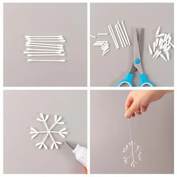 Step-by-step collage of handmade snowflake ornaments crafted from cotton sw.. Stock Photos