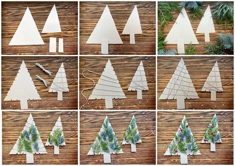 Step by step, collage how to make a spruce tree from simple materials. Stock Photos