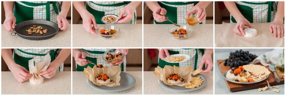 A Step by Step Collage of Making Baked Brie Fotos Stock