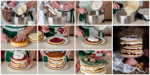 A Step by Step Collage of Making Christmas Layered Cake Stock Photos