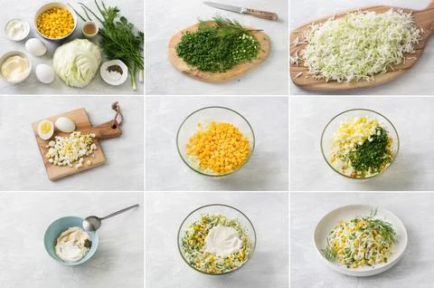 Step by step collage of making a fresh cabbage, corn, and egg salad with a Stock Photos