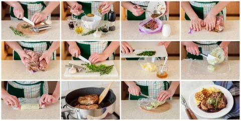 A Step by Step Collage of Making Fried Pork with Herb Butter Stock Photos