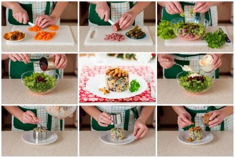 A Step by Step Collage of Making German Christmas Salad Stock Photos