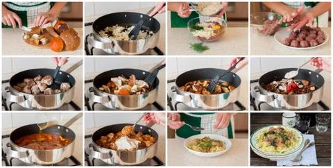 A Step by Step Collage of Making Pasta with  Meatballs and Mushrooms Fotos de archivo