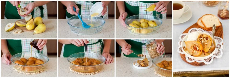 A Step by Step Collage of Making Roast Pears with Granola Fotos de archivo