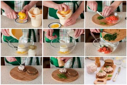 A Step by Step Collage of Making Smoked Salmon Pate Stock Photos