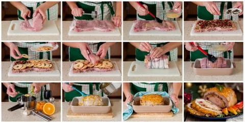 A Step by Step Collage of Making Stuffed Pork Loin Stock Photos