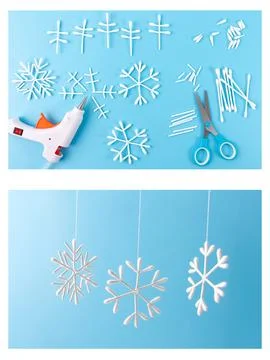 Step-by-step collage showing DIY cotton swab snowflake ornaments with hot g.. 写真素材
