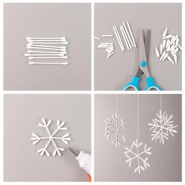 Step-by-step collage showing DIY cotton swab snowflake ornaments with hot g.. 写真素材